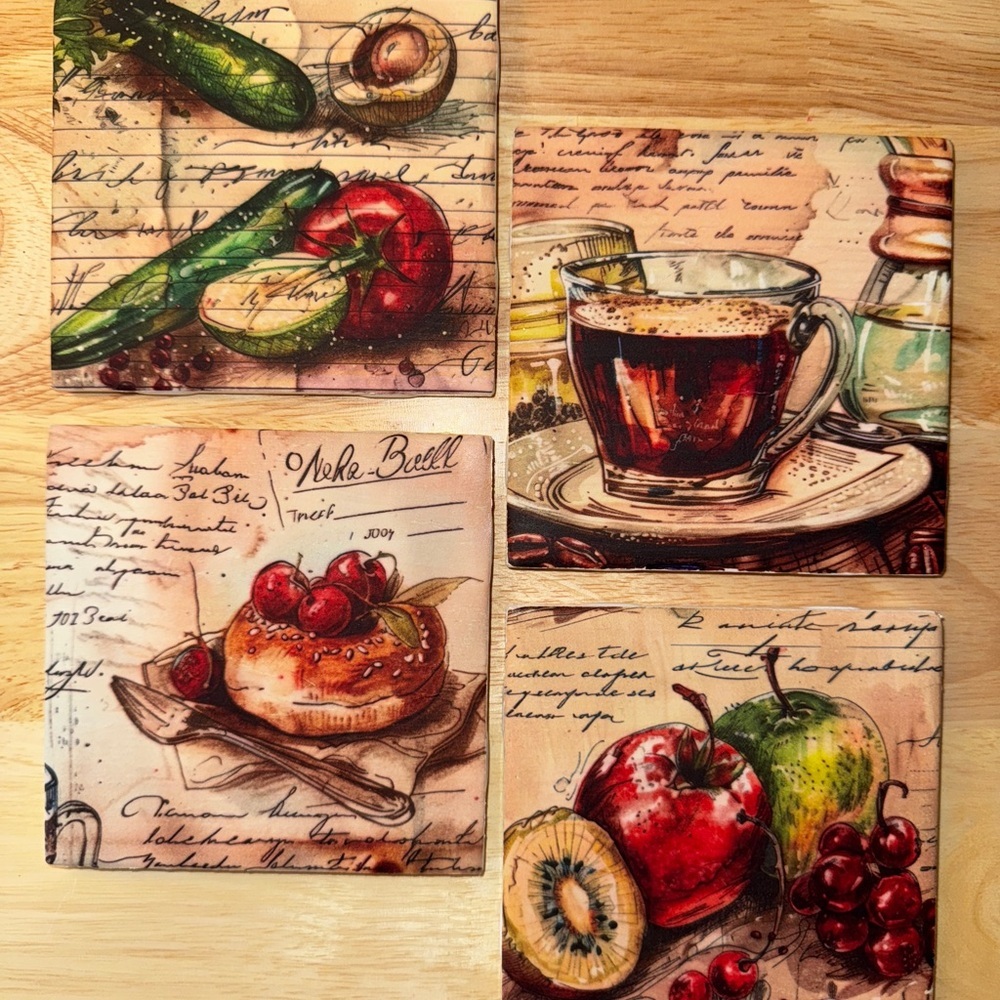 Handmade Vintage Style Fruit and Coffee Ceramic Tile Coasters